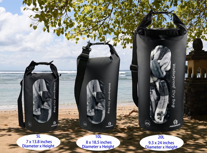 Freegrace Waterproof Dry Bags Set of 3 Dry Bag with 2 Zip Lock Seals & Detachable Shoulder Strap, Waist Pouch & Phone Case - Can Be Submerged Into Water - for Swimming (Black(Window), 20L) - Image 2
